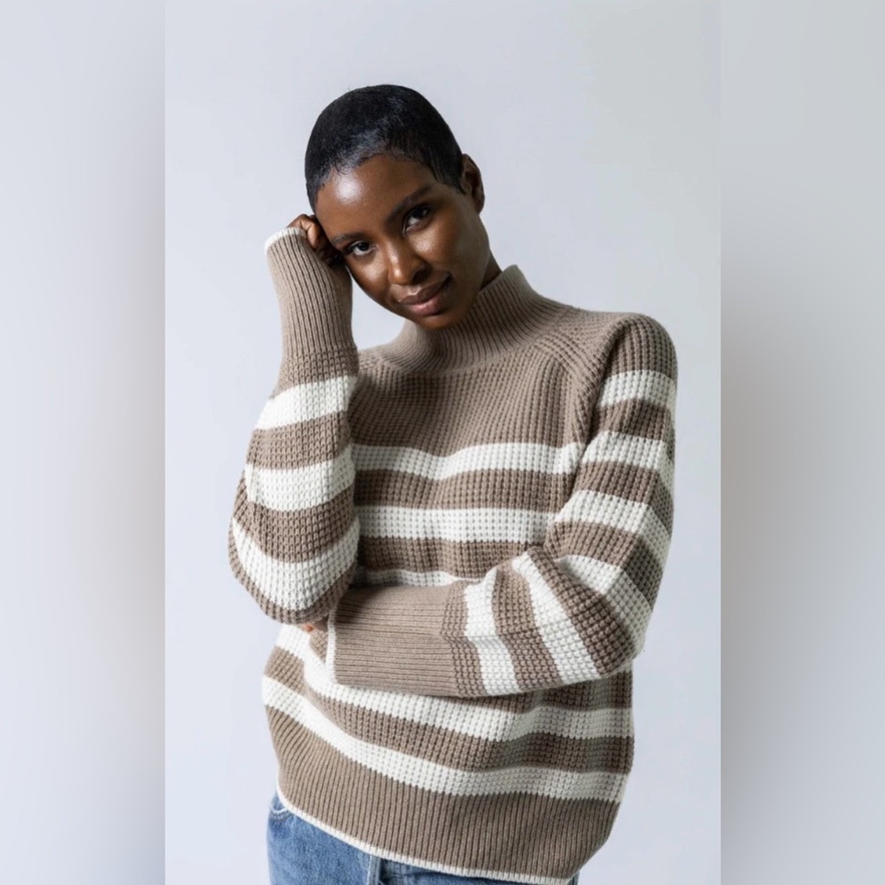 Striped Mock Neck Women's Sweater in Taupe & Cream